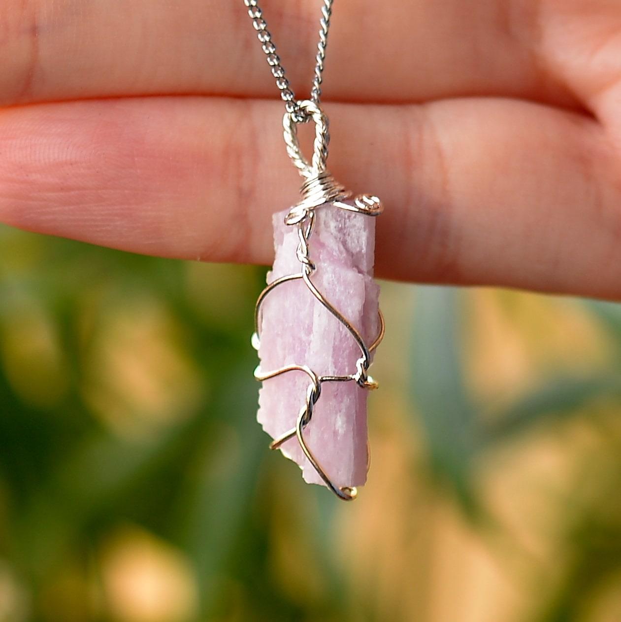 Ham Kunzit Stone Necklace Tel Wrapped