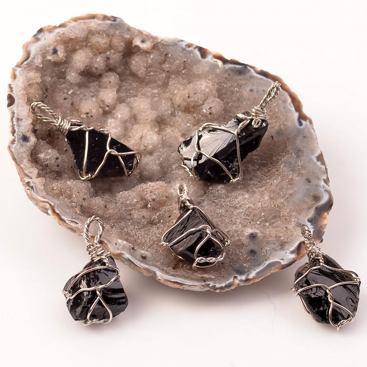 Ham Obsidyen Taşı Kolye - Tel Sargılı - 2