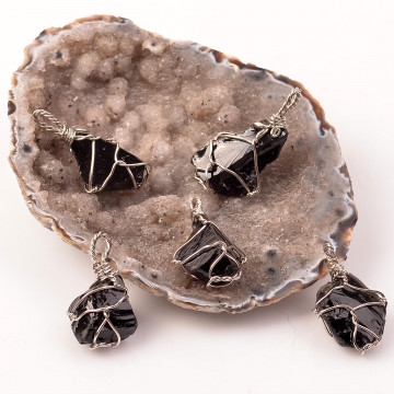 Ham Obsidyen Taşı Kolye - Tel Sargılı - 2