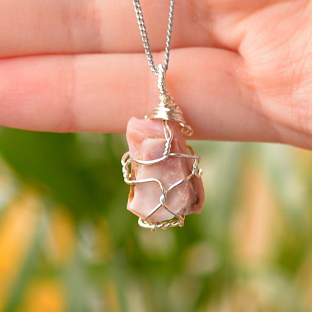 Ham Pink Opal Stone Necklace Tel Wrapped