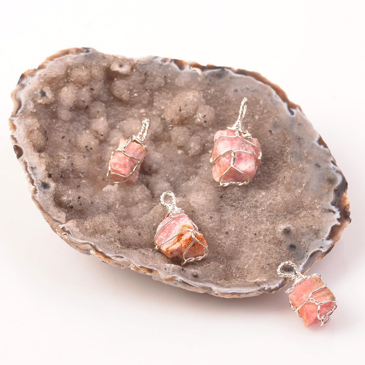 Ham Rodokrozit Taşı Kolye - Tel Sargılı