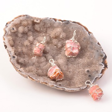 Ham Rodokrozit Taşı Kolye - Tel Sargılı - 2