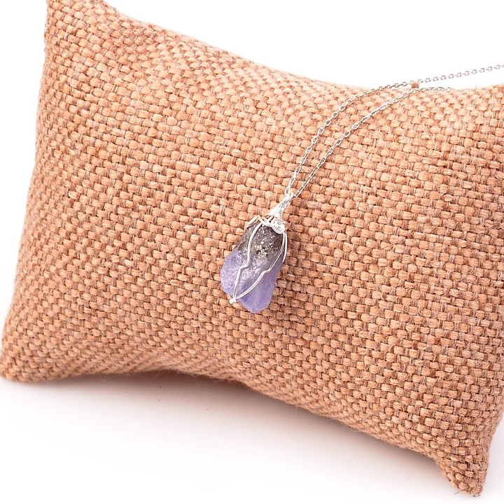 Ham Tanzanit Taşı Kolye - Gümüş Tel Sargılı