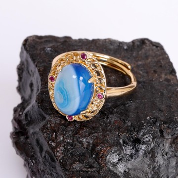 Hanedan Model Mavi Akik Taşı Yüzük - Altın Renkli - 2