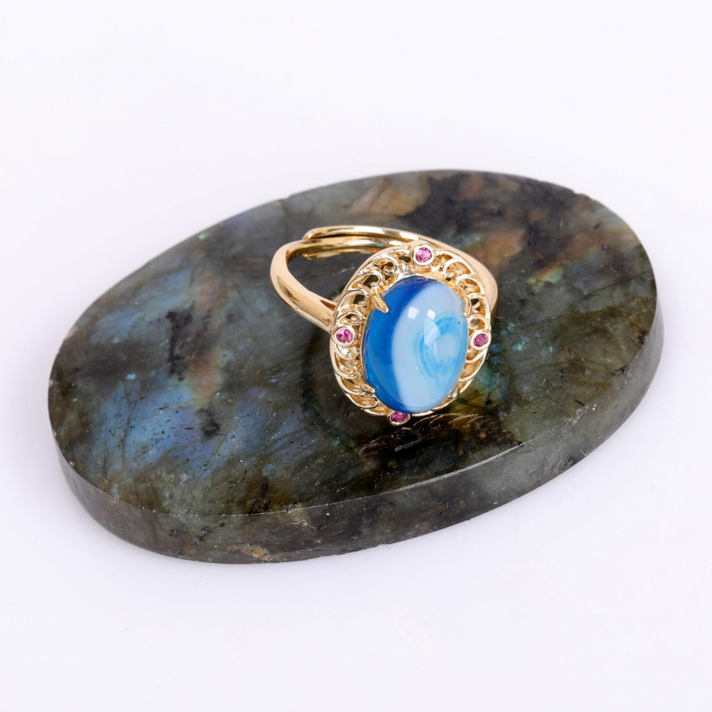 Hanedan Model Mavi Akik Taşı Yüzük - Altın Renkli