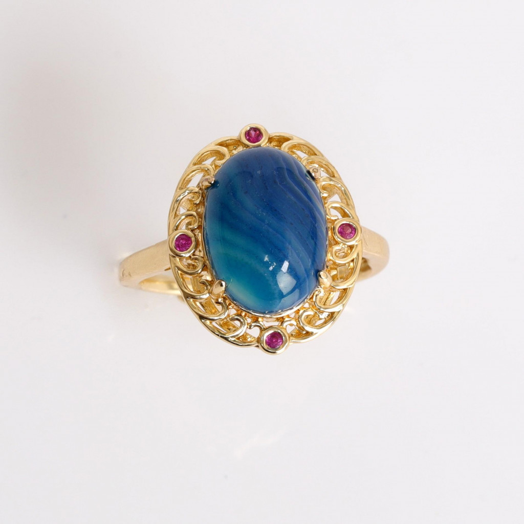 Hanedan Model Mavi Akik Taşı Yüzük - Altın Renkli