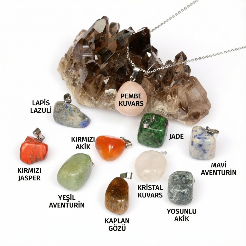 Her Güne Yeni Bir Enerji: 10 Adet Karışık Doğal Taş Kolye Ucu ve Çelik Zincir Seti