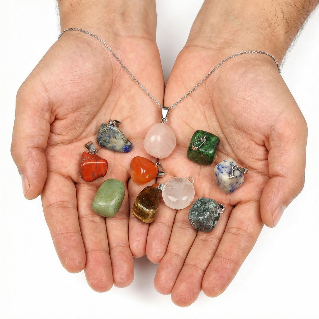 Her Güne Yeni Bir Enerji: 10 Adet Karışık Doğal Taş Kolye Ucu ve Çelik Zincir Seti