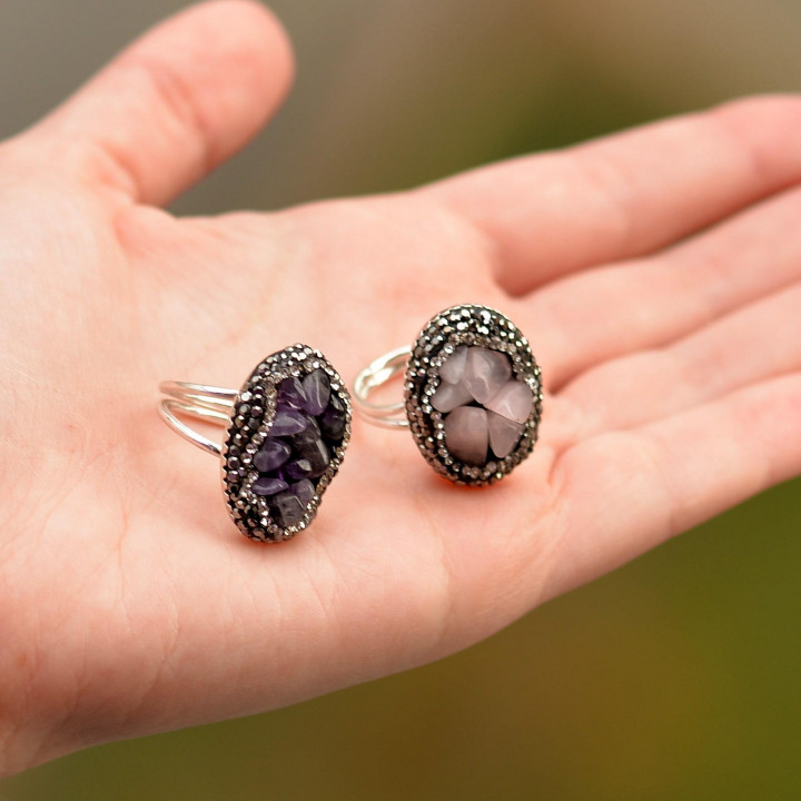 İki Adet Doğal Taş Ayarlamalı Yüzük / Ametist - Pembe Kuvars Taşı - 2