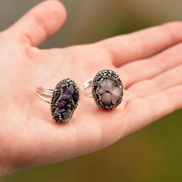 İki Adet Doğal Taş Ayarlamalı Yüzük / Ametist - Pembe Kuvars Taşı - 2