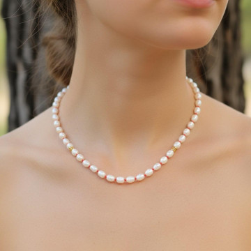 İnci Kolye - Düğümlü Model (5x7 mm Gerçek İnci)