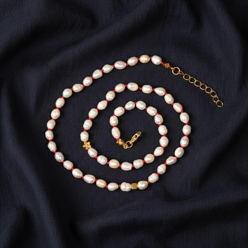 İnci Kolye - Düğümlü Model (5x7 mm Gerçek İnci)