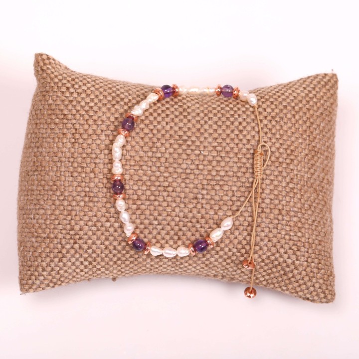 İnci ve Ametist Taşı Ayarlamalı Bileklik 3*4 mm - 2