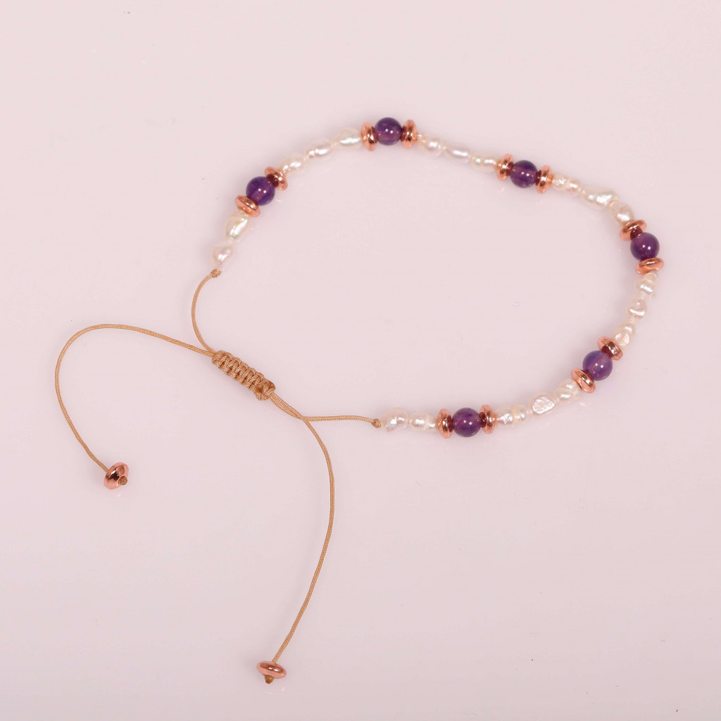 İnci ve Ametist Taşı Ayarlamalı Bileklik 3*4 mm