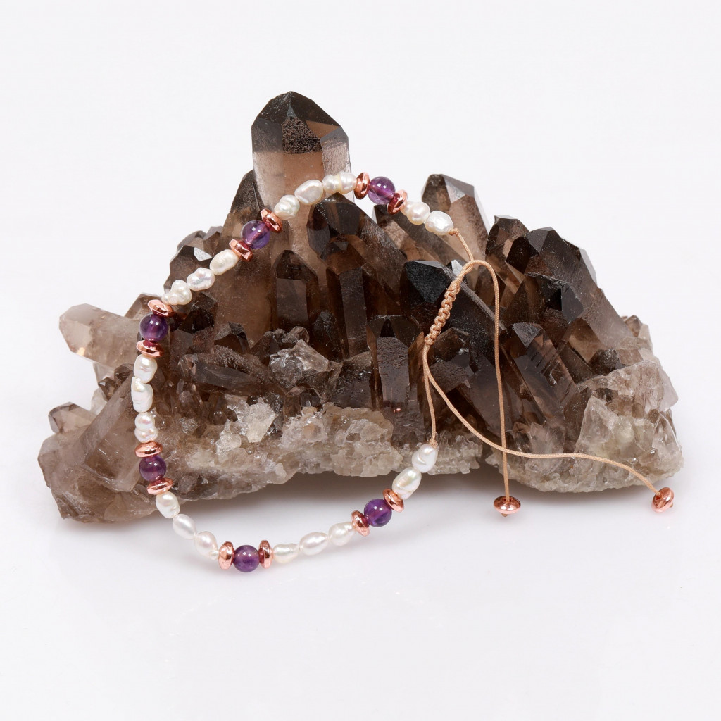 İnci ve Ametist Taşı Ayarlamalı Bileklik 3*4 mm