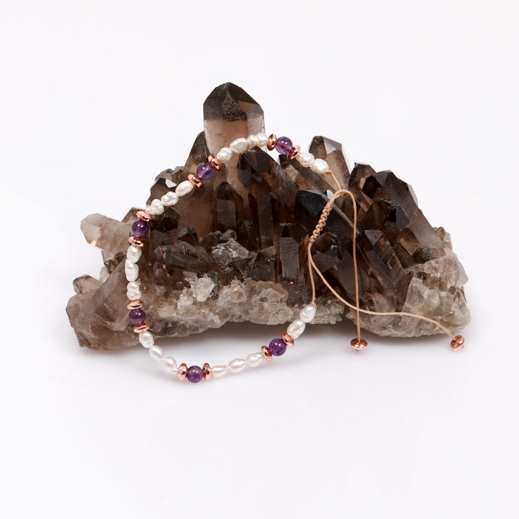 İnci ve Ametist Taşı Ayarlamalı Bileklik 3*4 mm