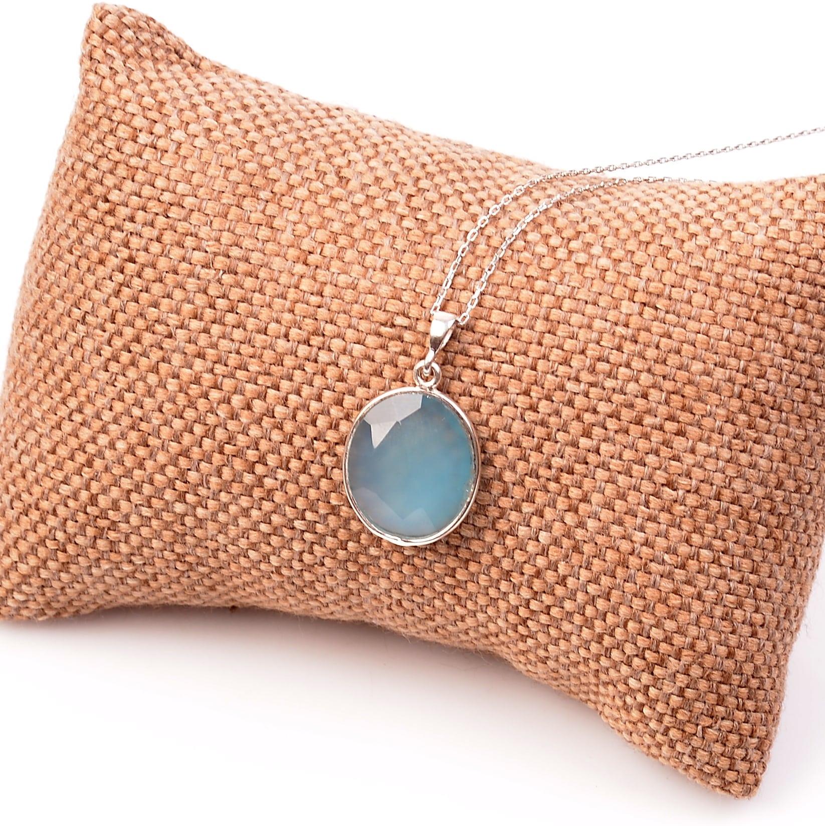 Kalsedon Stone Silver Necklace Fasetli