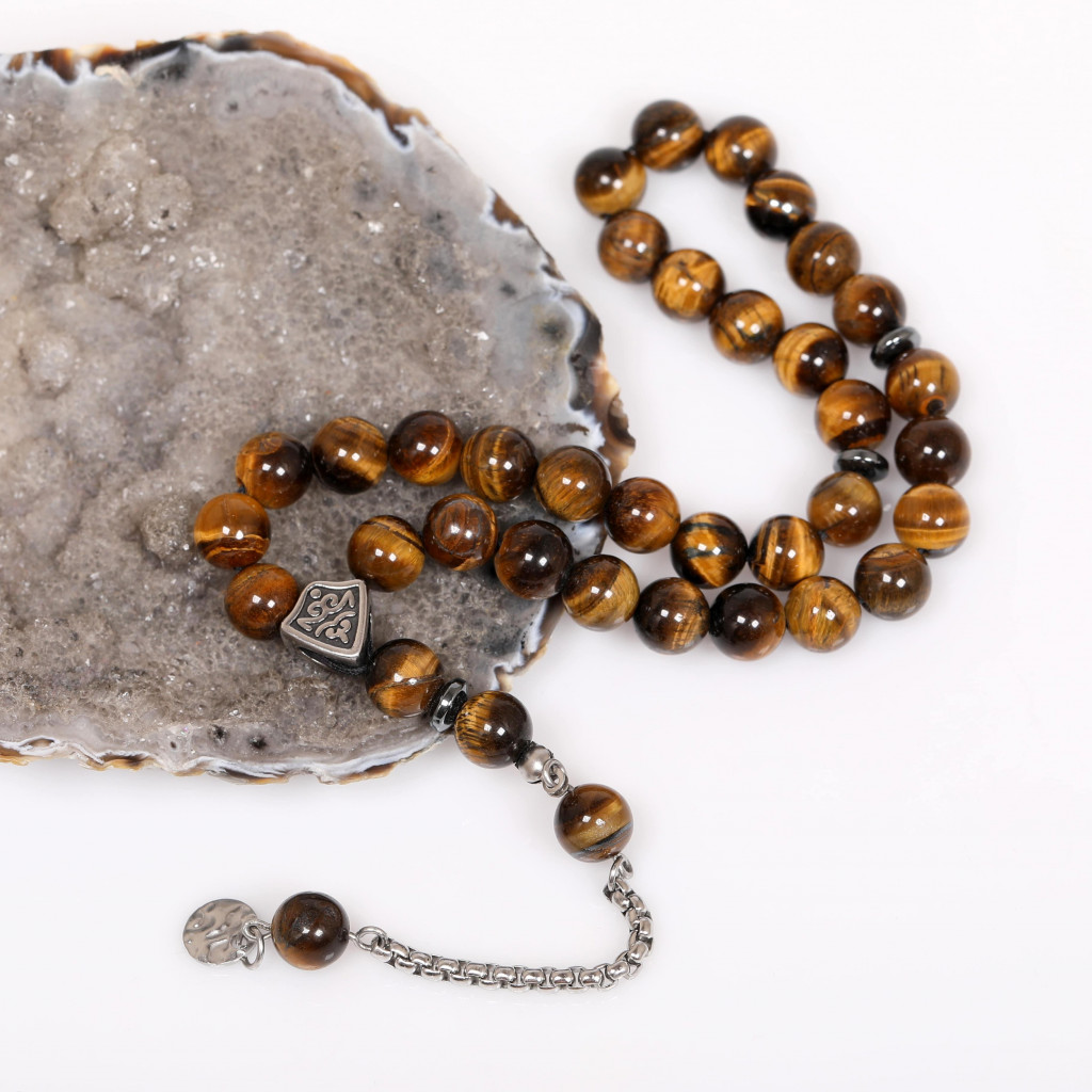 Kaplan Gözü Taşı Çelik Tesbih ( 8 mm ) - Kararmaz Püsküllü