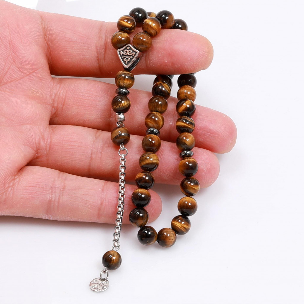 Kaplan Gözü Taşı Çelik Tesbih ( 8 mm ) - Kararmaz Püsküllü