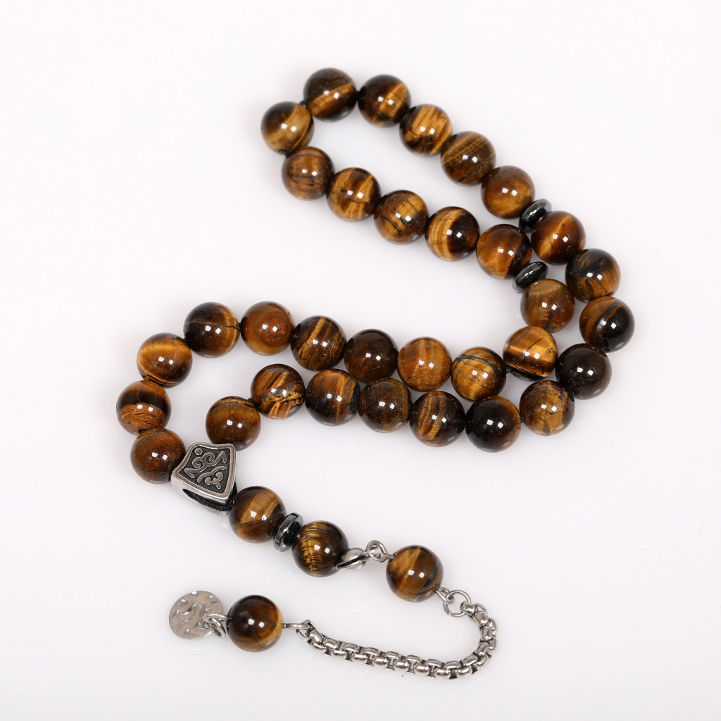 Kaplan Gözü Taşı Çelik Tesbih ( 8 mm ) - Kararmaz Püsküllü