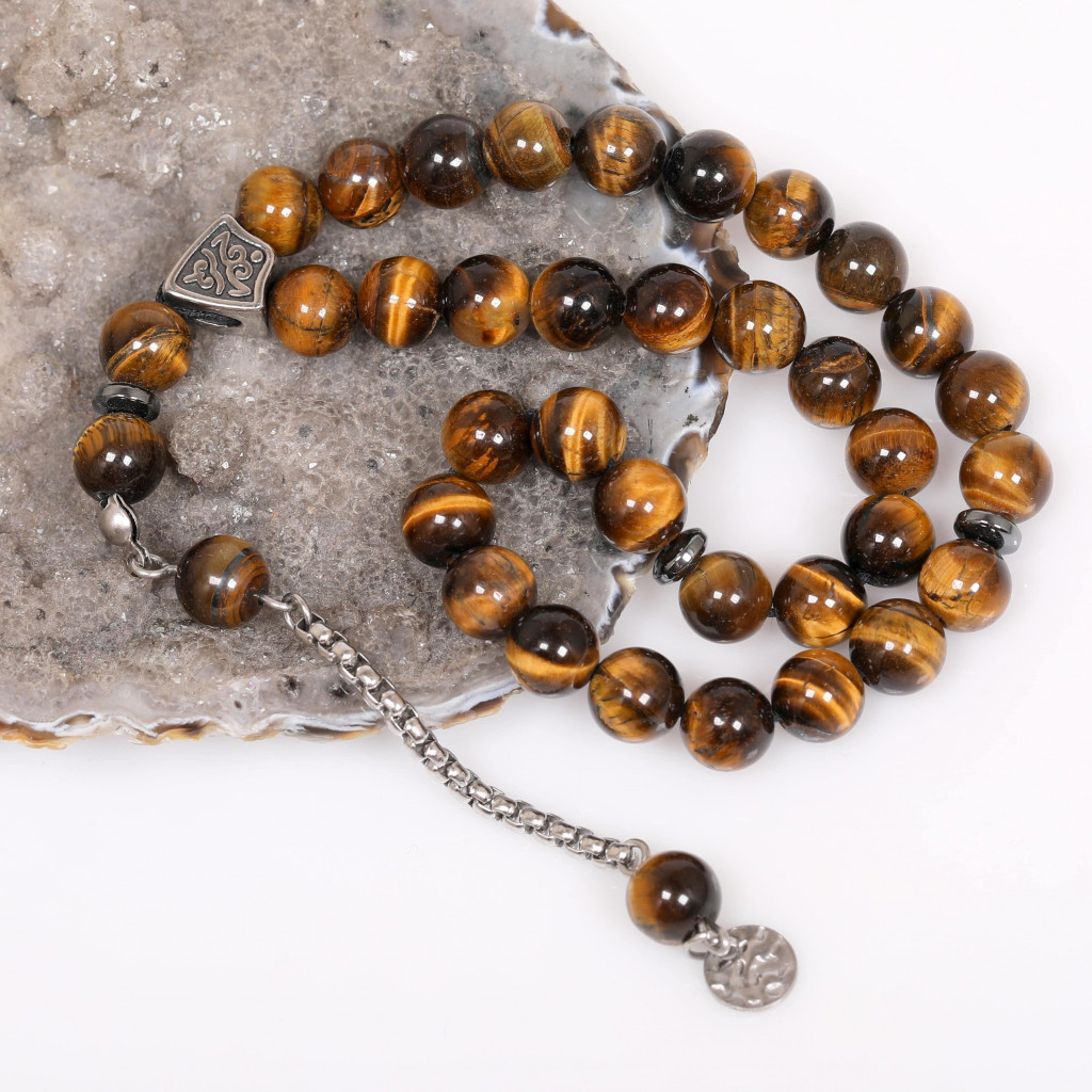 Kaplan Gözü Taşı Çelik Tesbih ( 8 mm ) - Kararmaz Püsküllü