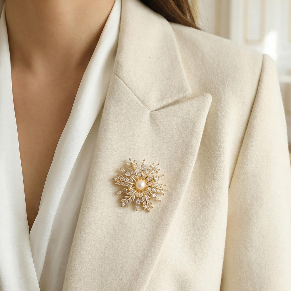 Kar Tanesi Şeklinde İncili Altın Renk Broş - Gerçek İncili