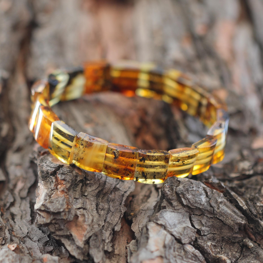 Kare Kesim Baltık Kehribar Bileklik – Doğal Gerçek Kehribar (Elastik) - Fosilli