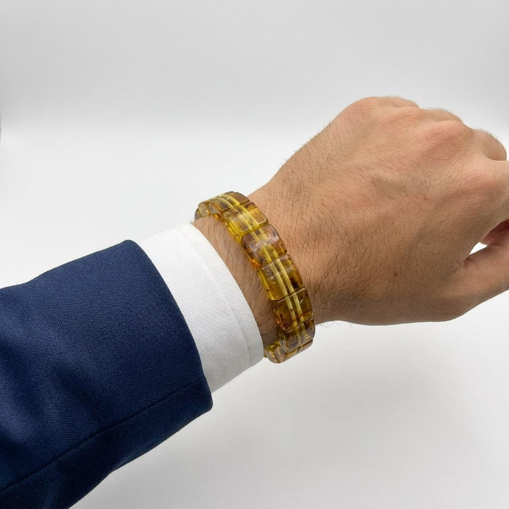 Kare Kesim Baltık Kehribar Bileklik – Doğal Gerçek Kehribar (Elastik) - Fosilli