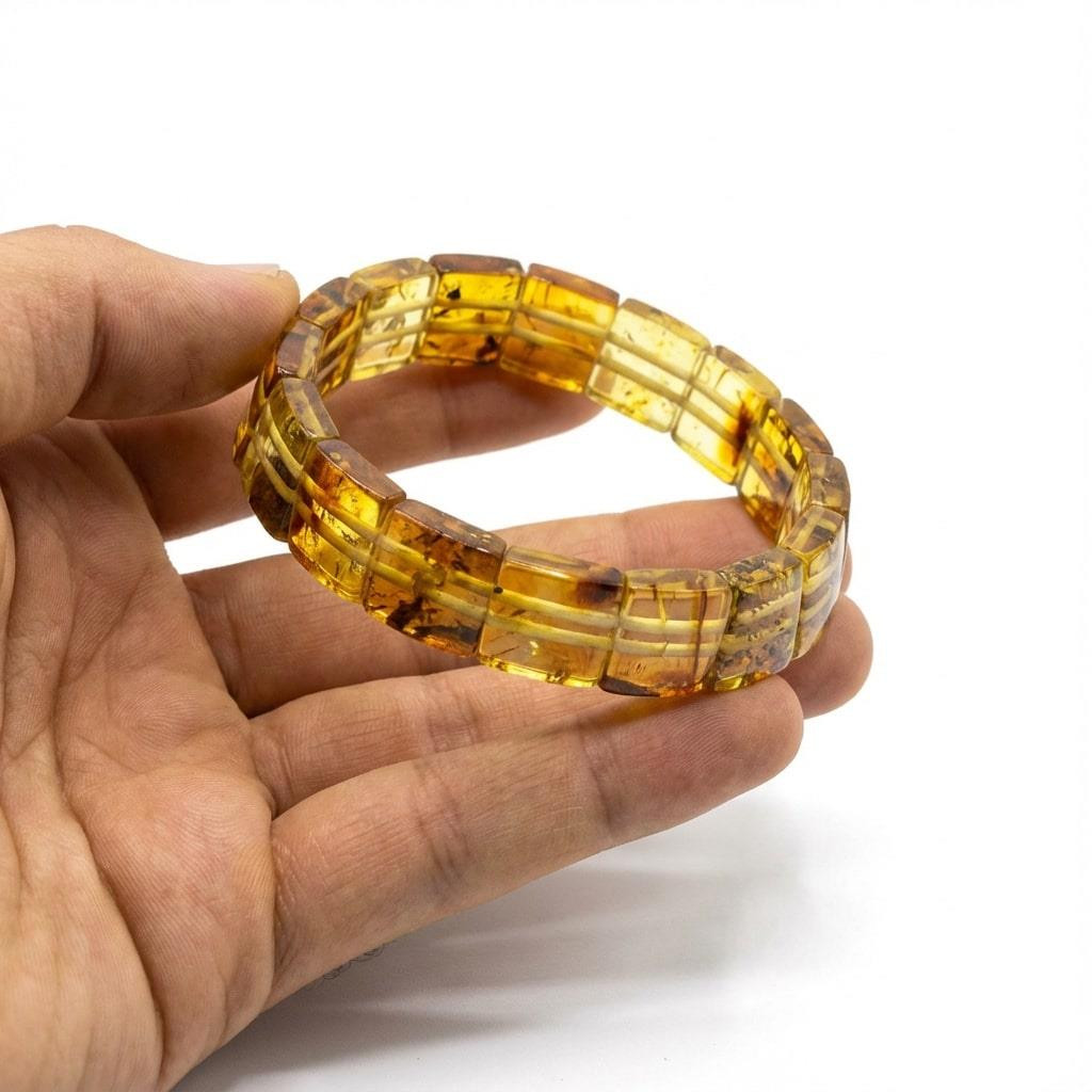 Kare Kesim Baltık Kehribar Bileklik – Doğal Gerçek Kehribar (Elastik) - Fosilli