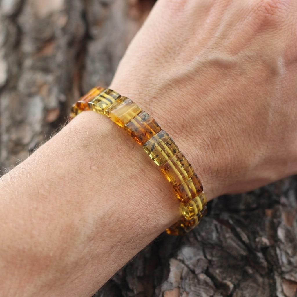 Kare Kesim Baltık Kehribar Bileklik – Doğal Gerçek Kehribar (Elastik) - Fosilli