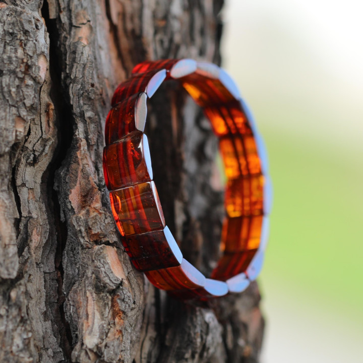 Kare Kesim Baltık Kehribar Bileklik – Doğal Gerçek Kehribar (Elastik) - Konyak Rengi - 1