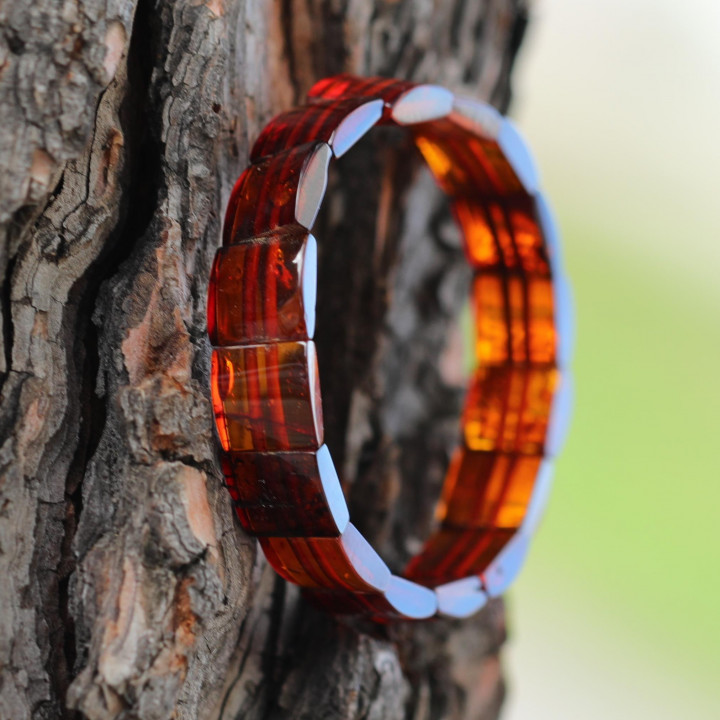 Kare Kesim Baltık Kehribar Bileklik – Doğal Gerçek Kehribar (Elastik) - Konyak Rengi - 2