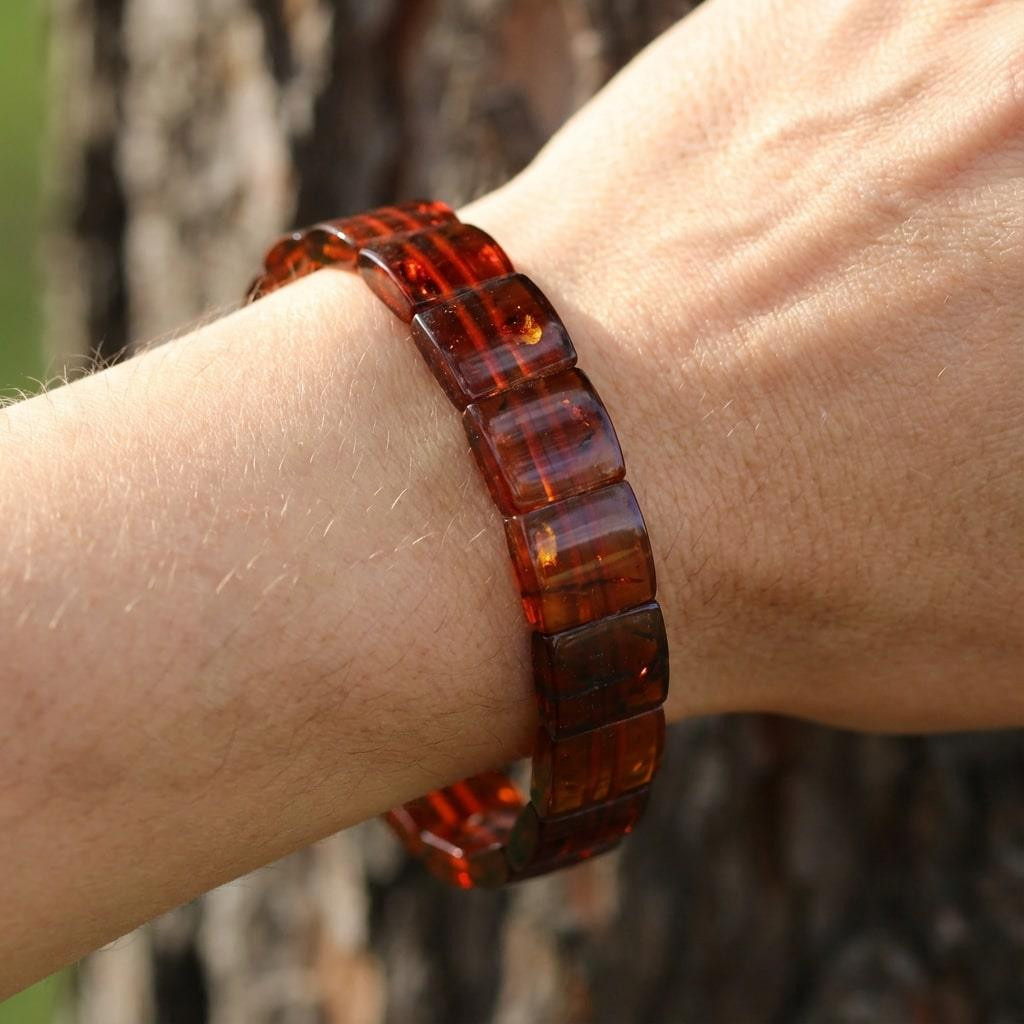 Kare Kesim Baltık Kehribar Bileklik – Doğal Gerçek Kehribar (Elastik) - Konyak Rengi