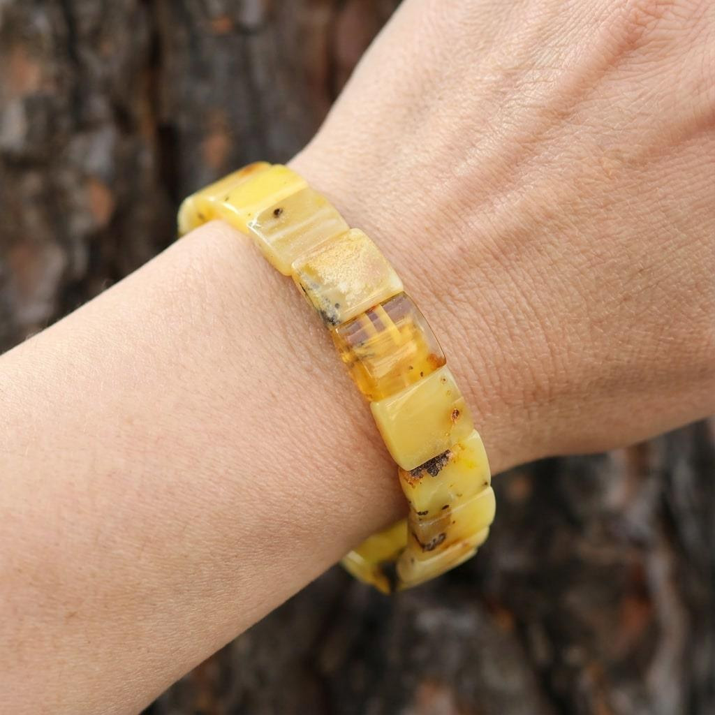 Kare Kesim Baltık Kehribar Bileklik – Doğal Gerçek Kehribar (Elastik) - Sarı Renk