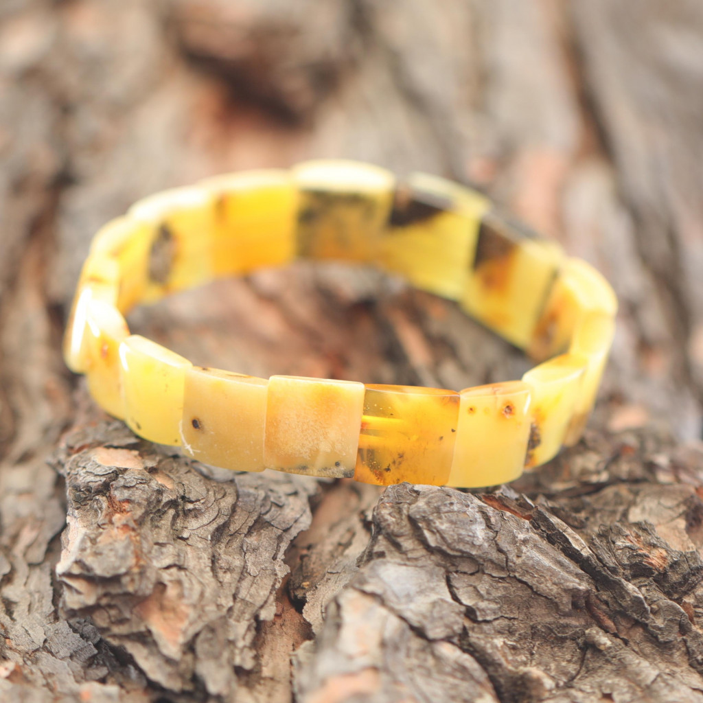 Kare Kesim Baltık Kehribar Bileklik – Doğal Gerçek Kehribar (Elastik) - Sarı Renk