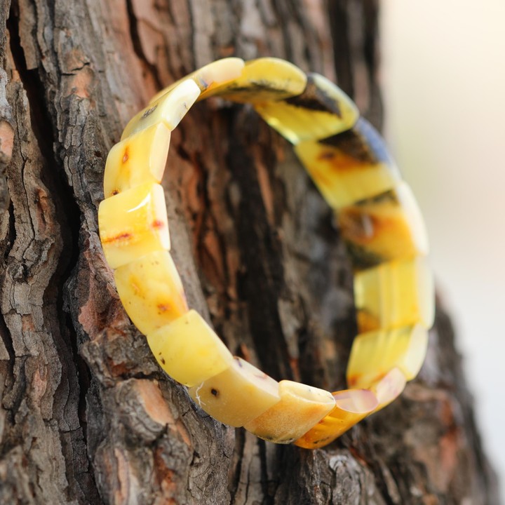 Kare Kesim Baltık Kehribar Bileklik – Doğal Gerçek Kehribar (Elastik) - Sarı Renk - 1