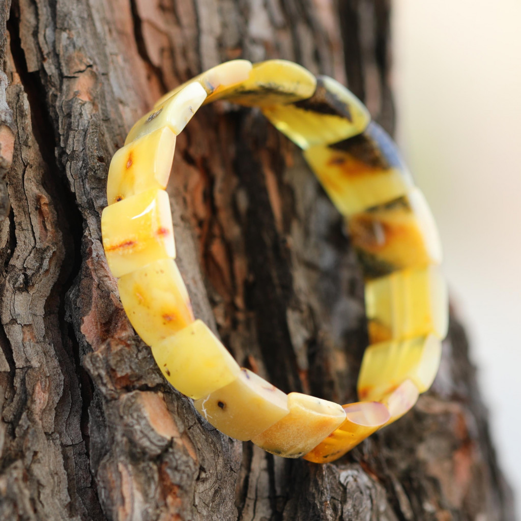 Kare Kesim Baltık Kehribar Bileklik – Doğal Gerçek Kehribar (Elastik) - Sarı Renk