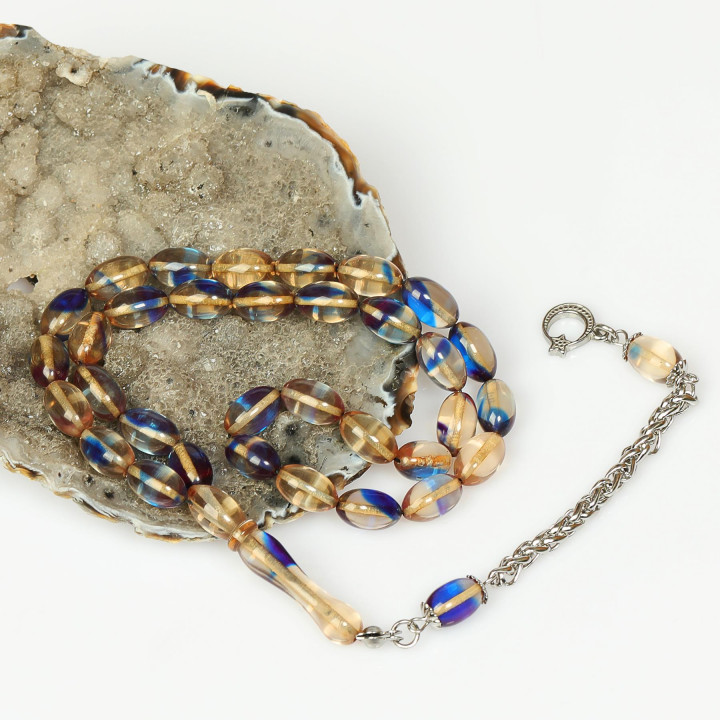 Kırık Beyaz Mavi Hareli Çelik Püsküllü Sıkma Kehribar Tesbih (7*11 mm) - 2