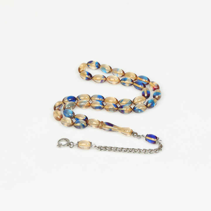 Kırık Beyaz Mavi Hareli Çelik Püsküllü Sıkma Kehribar Tesbih (7*11 mm) - 1