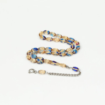 Kırık Beyaz Mavi Hareli Çelik Püsküllü Sıkma Kehribar Tesbih (7*11 mm)