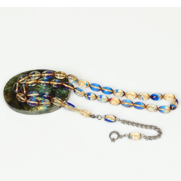 Kırık Beyaz Mavi Hareli Çelik Püsküllü Sıkma Kehribar Tesbih (7*11 mm)