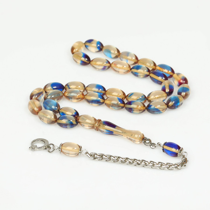 Kırık Beyaz Mavi Hareli Çelik Püsküllü Sıkma Kehribar Tesbih (7*11 mm)