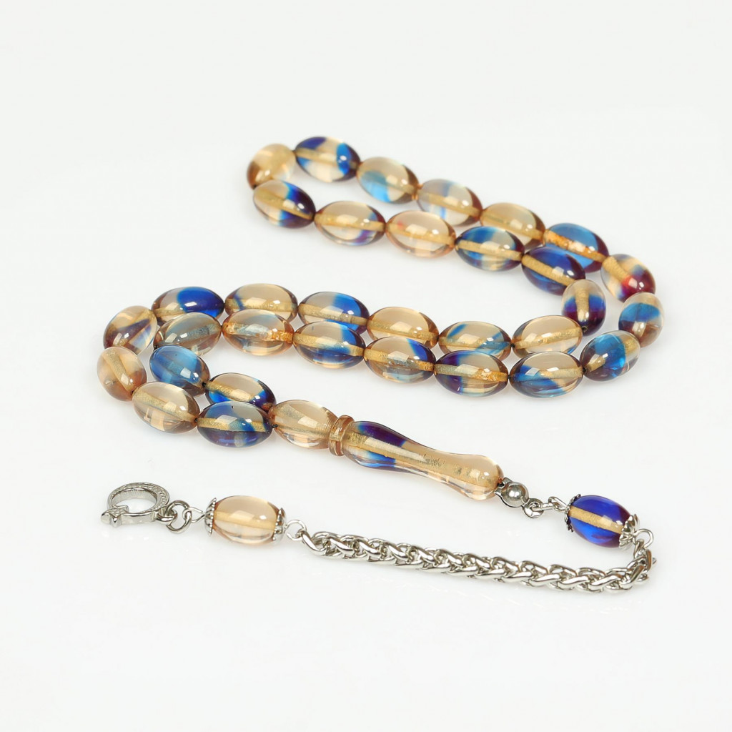 Kırık Beyaz Mavi Hareli Çelik Püsküllü Sıkma Kehribar Tesbih (7*11 mm)