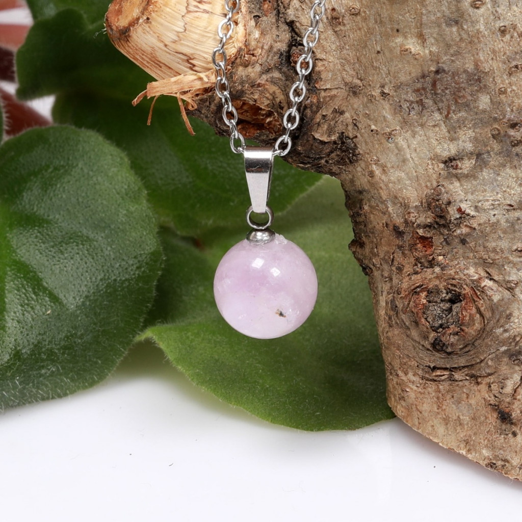 Kunzit Taşı Çelik Kolye - 10 mm