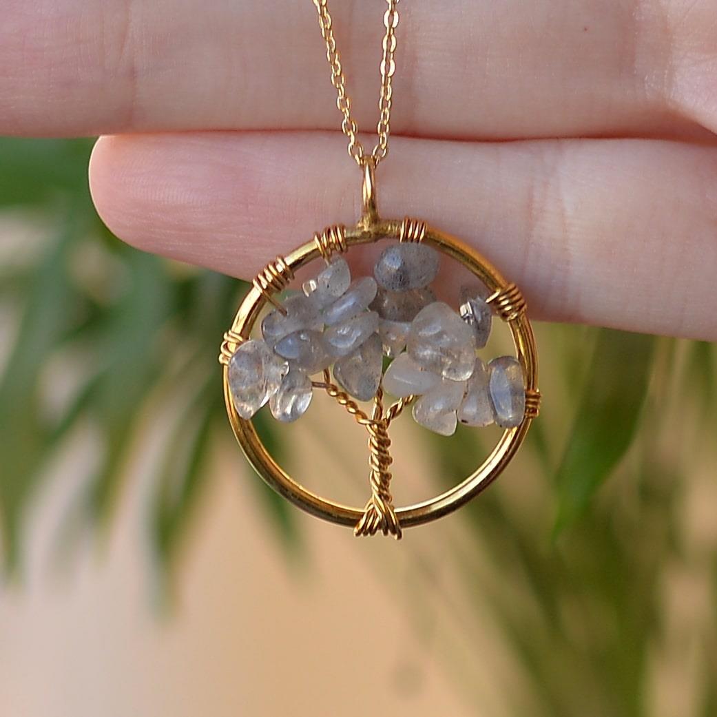 Labradorit Stone Hayat Tree Necklace Gold Colored