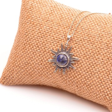 Lapis Lazuli Taşı Gümüş Kolye - Güneş Şeklinde Kolye - 2