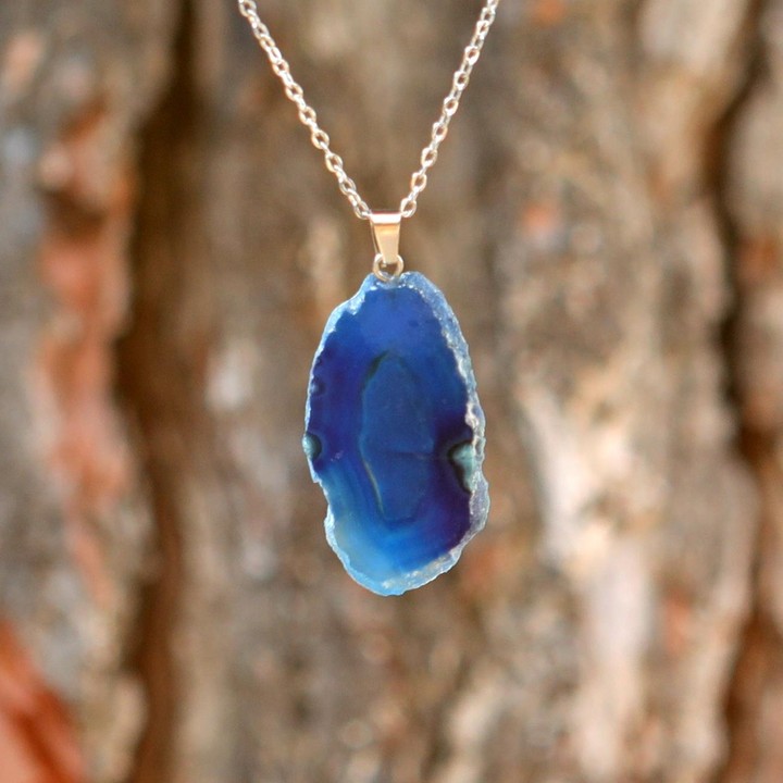 Mavi Akik Taşı Dilim Kolye – Çelik Zincirli - 2