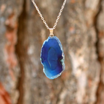 Mavi Akik Taşı Dilim Kolye – Çelik Zincirli - 2