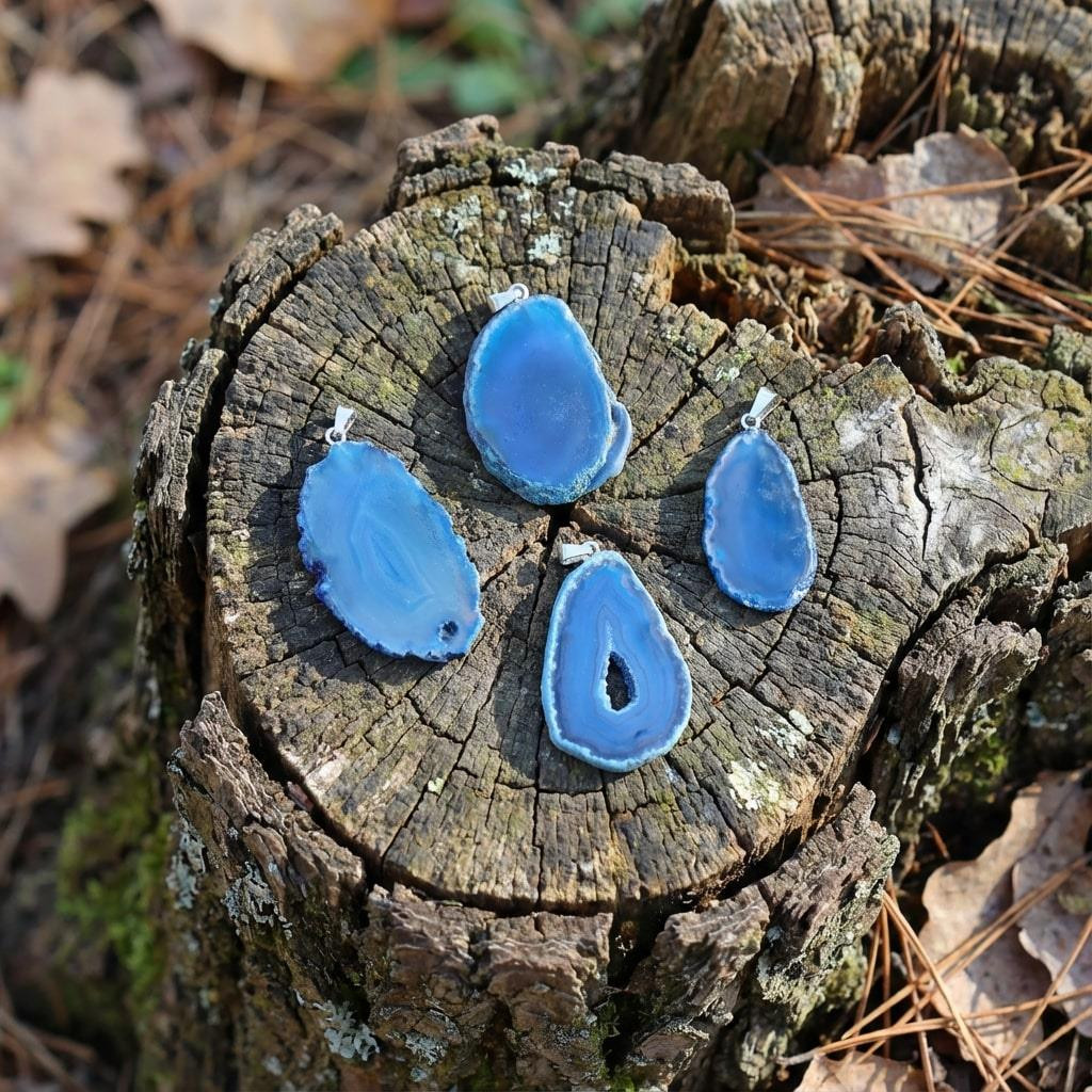 Mavi Akik Taşı Dilim Kolye – Çelik Zincirli