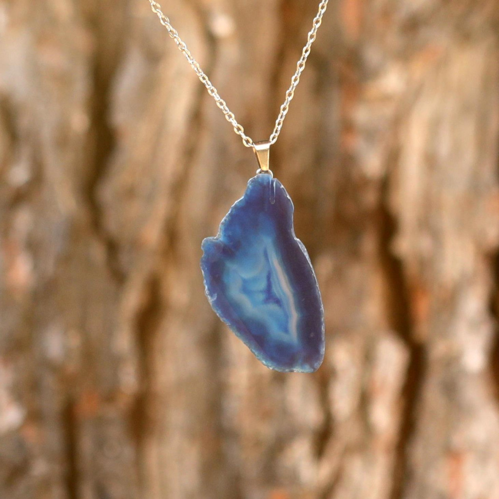 Mavi Akik Taşı Dilim Kolye – Çelik Zincirli